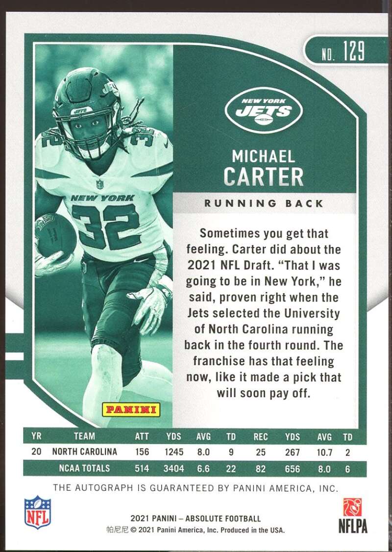 Michael Carter Card 2021 Absolute Signature Autograph Rookies #129  Image 2