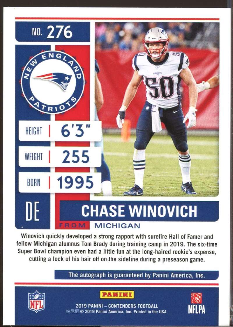 Chase Winovich RC Card 2019 Panini Contenders Rookie Autograph #276  Image 2