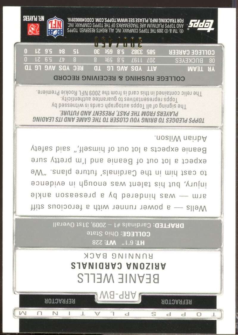 Chris Beanie Wells /450 Card 2009 Topps Platinum Rookie Patch Autograph #ARPBW  Image 2