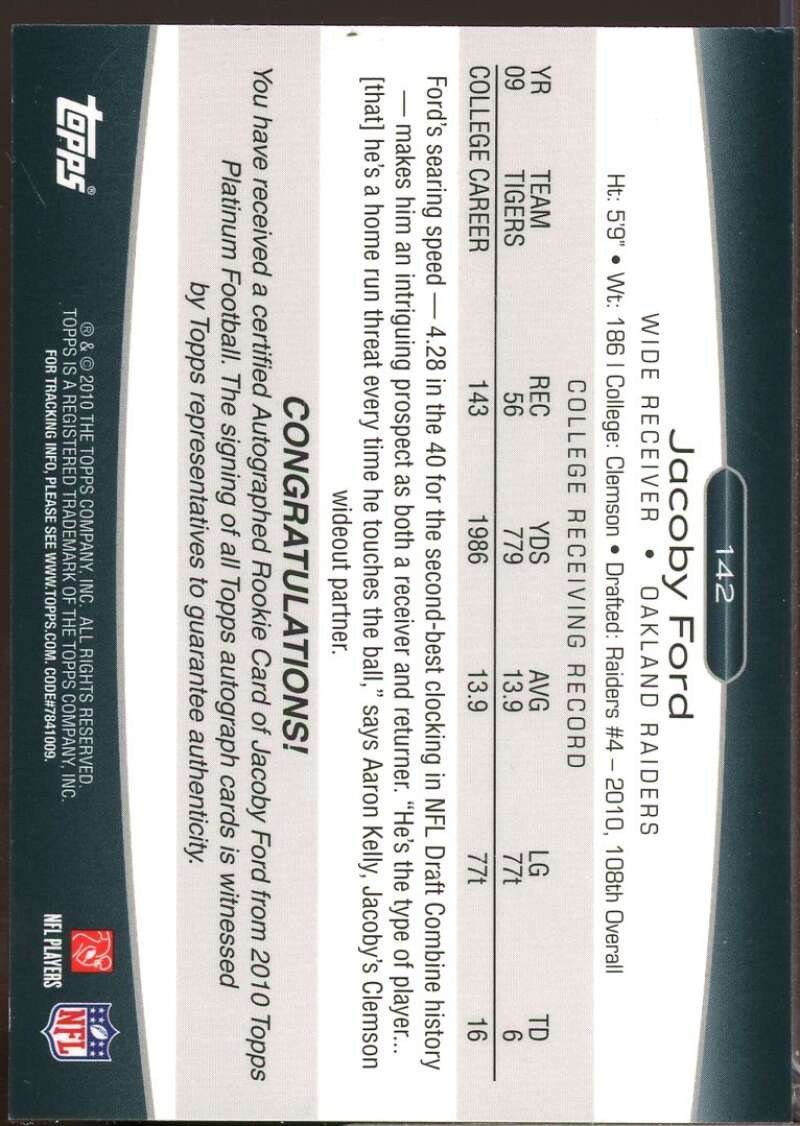 Jacoby Ford /1099 Card 2010 Topps Platinum Rookie Autographs #142  Image 2