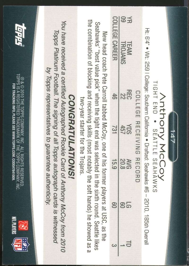 Anthony McCoy /1099 Card 2010 Topps Platinum Rookie Autographs #147  Image 2