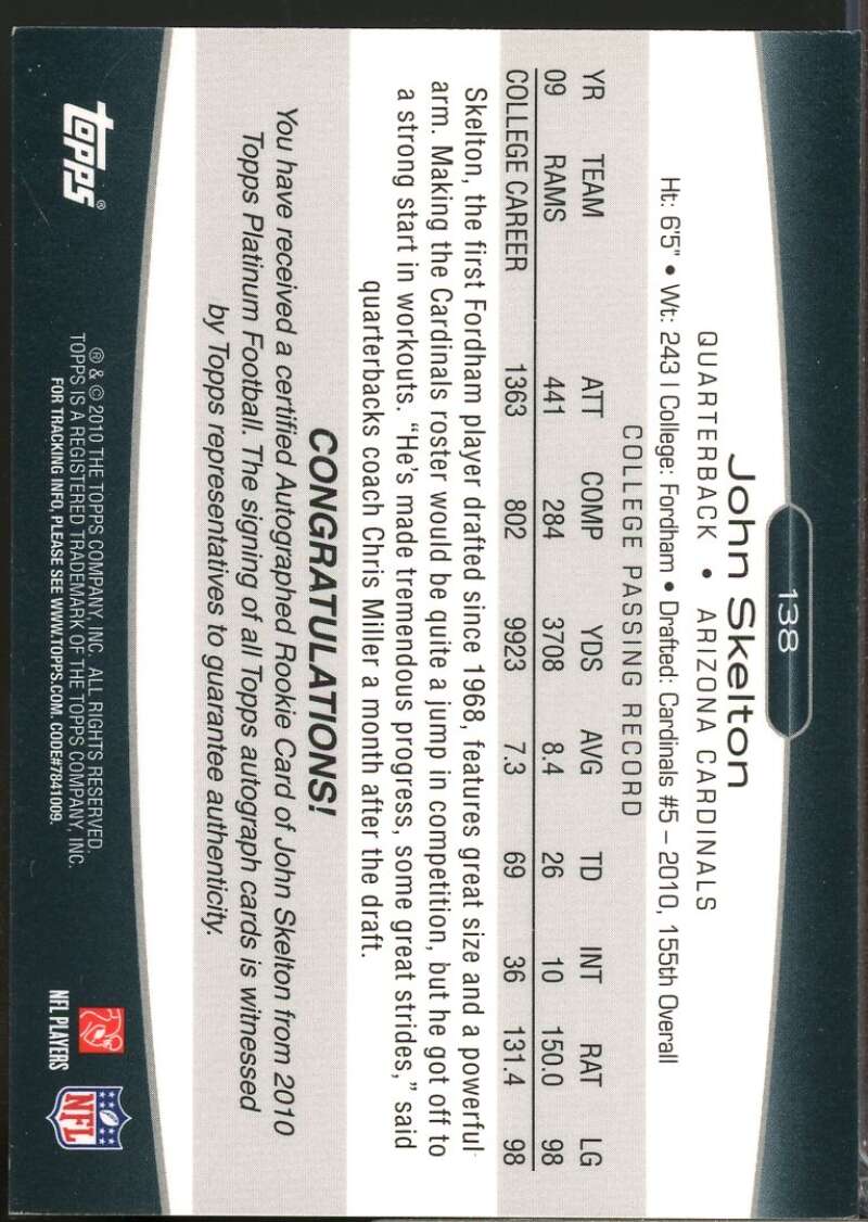 John Skelton /999 Card 2010 Topps Platinum Rookie Autographs #138  Image 2
