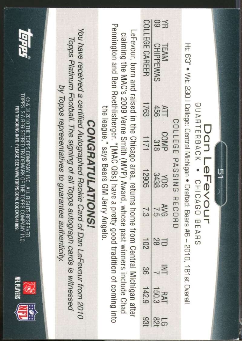Dan LeFevour Card 2010 Topps Platinum Rookie Autographs Blue Refractors #51  Image 2