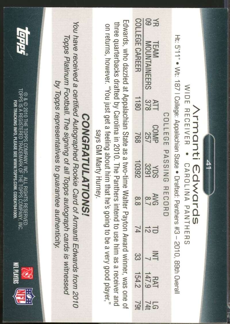 Armanti Edwards Card 2010 Topps Platinum Rookie Autographs Blue Refractors #41  Image 2