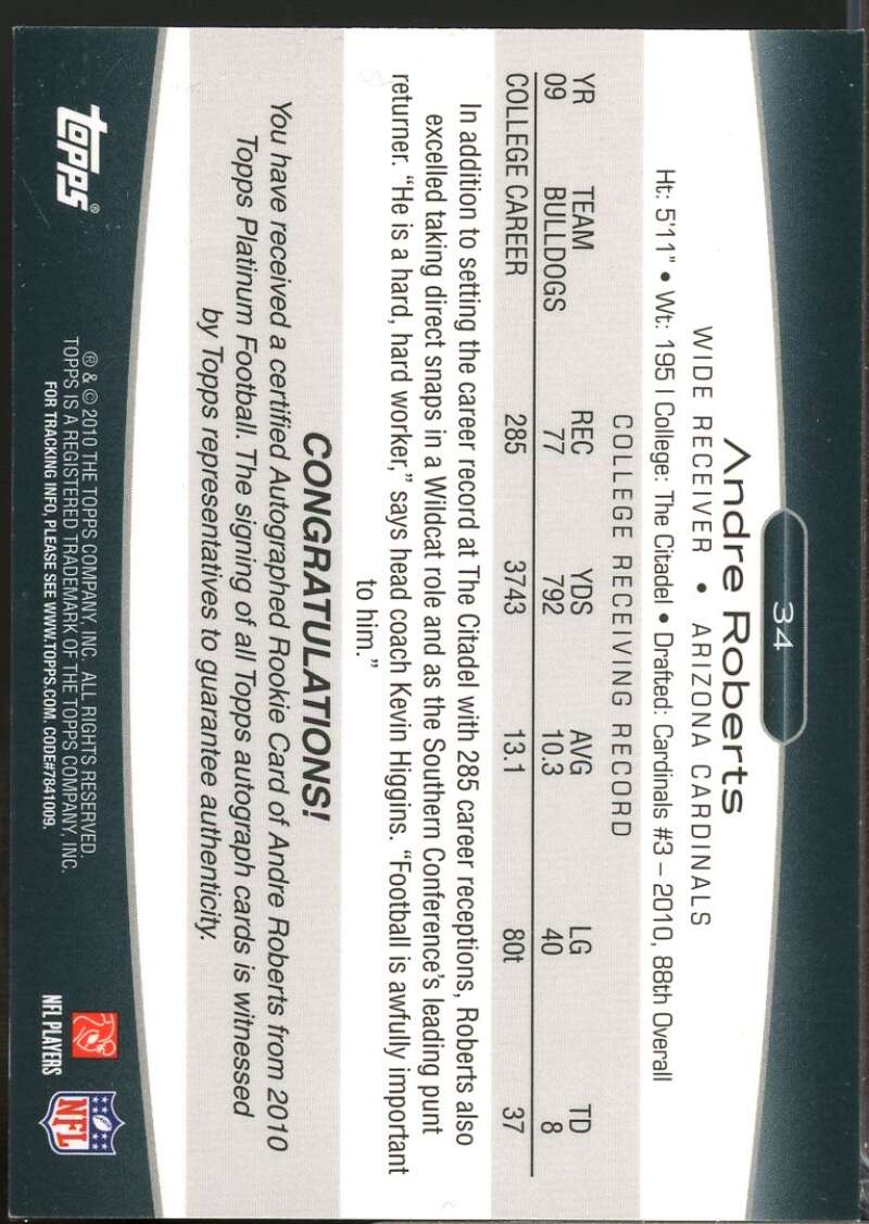 Andre Roberts /900 Card 2010 Topps Platinum Rookie Autographs #34  Image 2