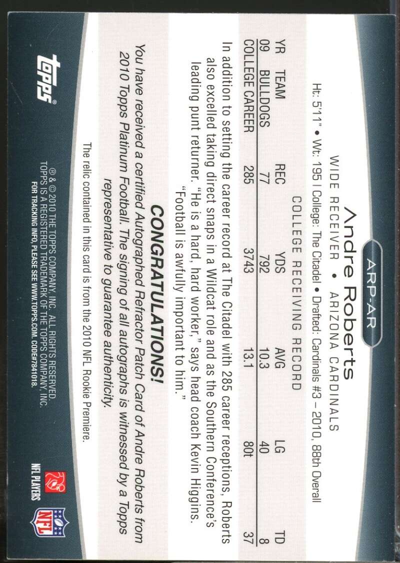 Andre Roberts /800 Card 2010 Topps Platinum Rookie Patch Autograph #AR  Image 2