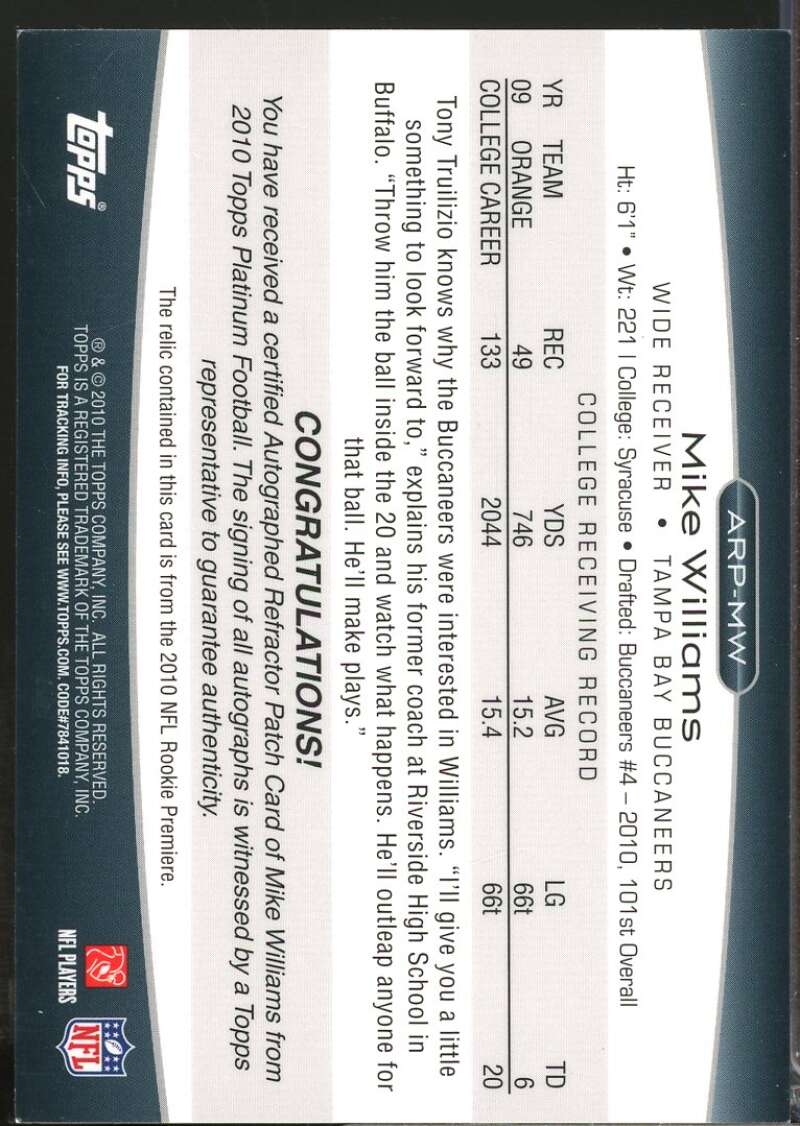 Mike Williams /800 Card 2010 Topps Platinum Rookie Patch Autograph #MW  Image 2