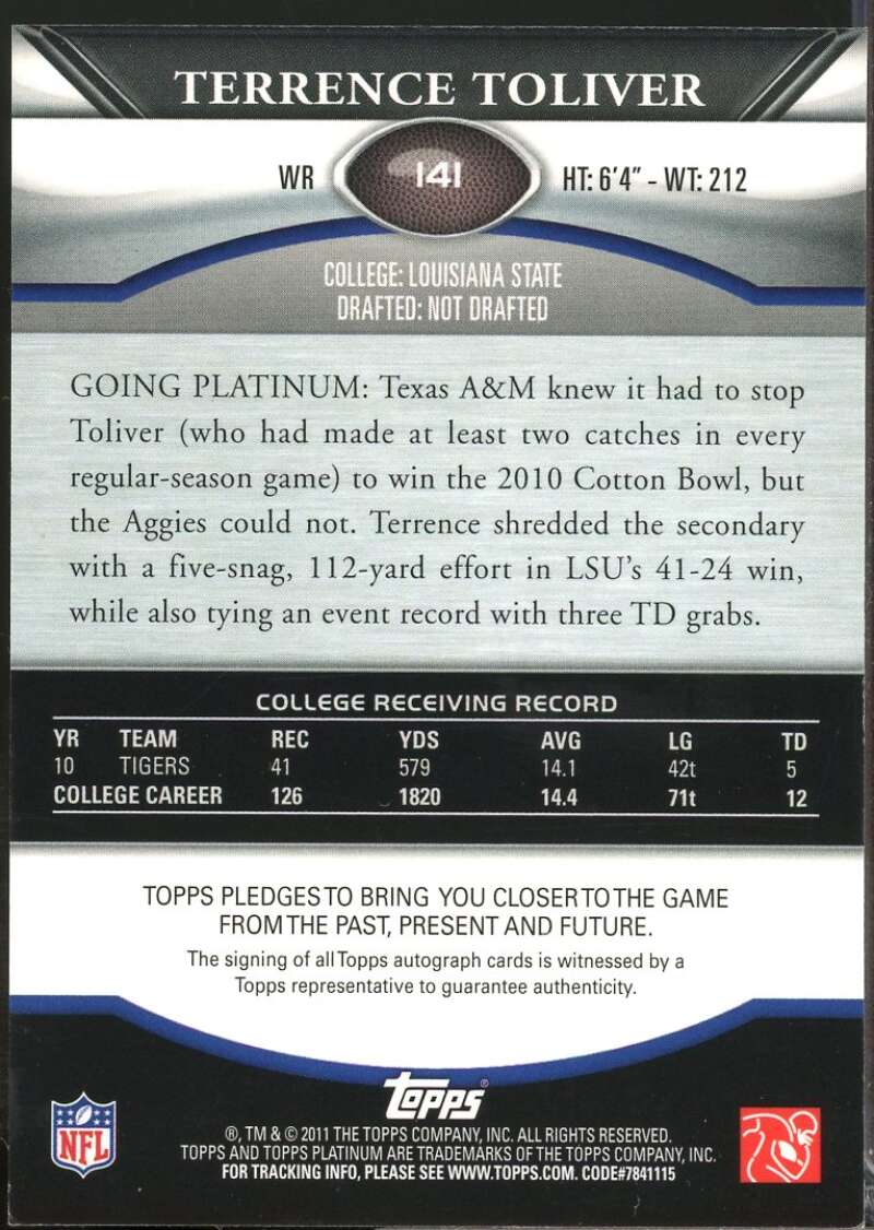 Terrence Toliver /1000 Card 2011 Topps Platinum Rookie Autographs #141  Image 2