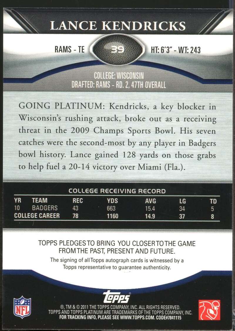 Lance Kendricks /808 Card 2011 Topps Platinum Rookie Autographs #39  Image 2