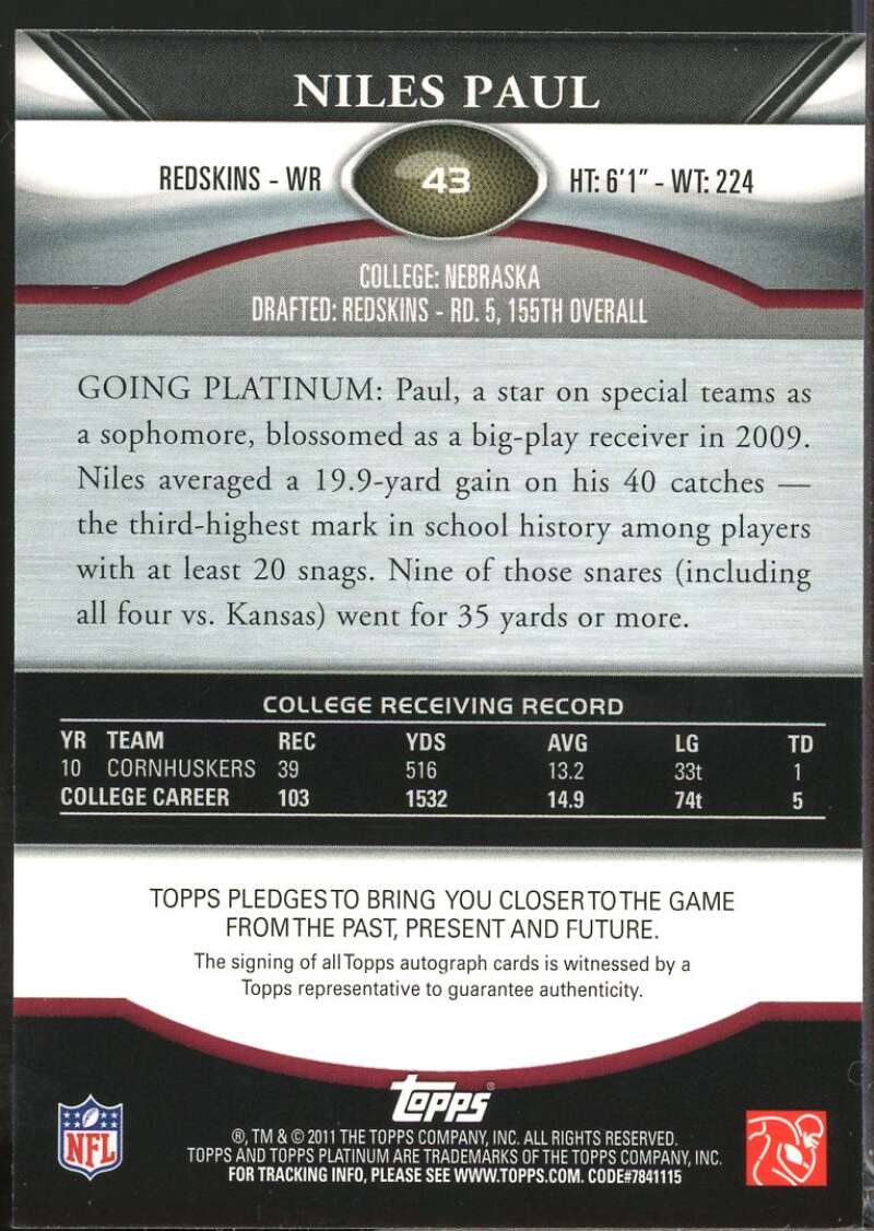 Niles Paul Card 2011 Topps Platinum Rookie Autographs Green Refractors #43  Image 2