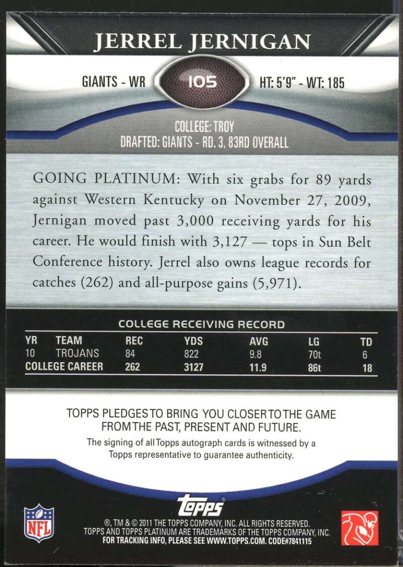 Jerrel Jernigan 2011 Topps Platinum Rookie Autographs Green Refractors #105  Image 2