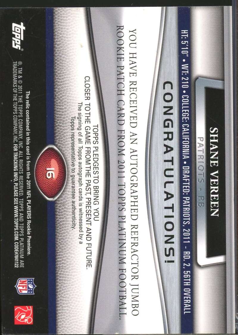 Shane Vereen 2011 Topps Platinum Rookie Patch Autographs Blue Refractors #16  Image 2