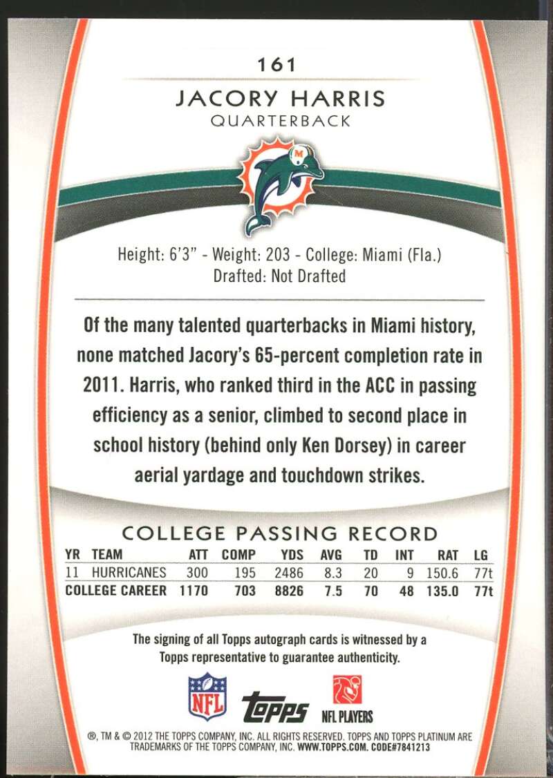 Jacory Harris Card 2012 Topps Platinum Rookie Autographs Refractors #161  Image 2