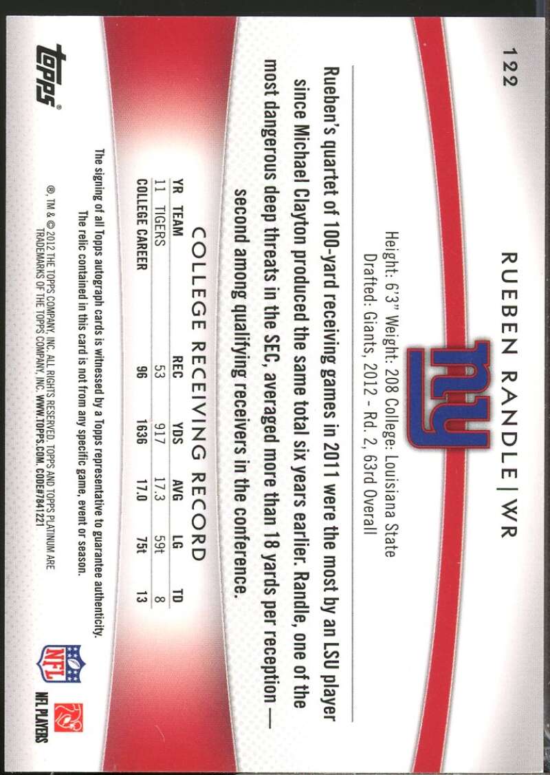 Rueben Randle /1001 2012 Topps Platinum Rookie Patch Autographs Refractors #122  Image 2