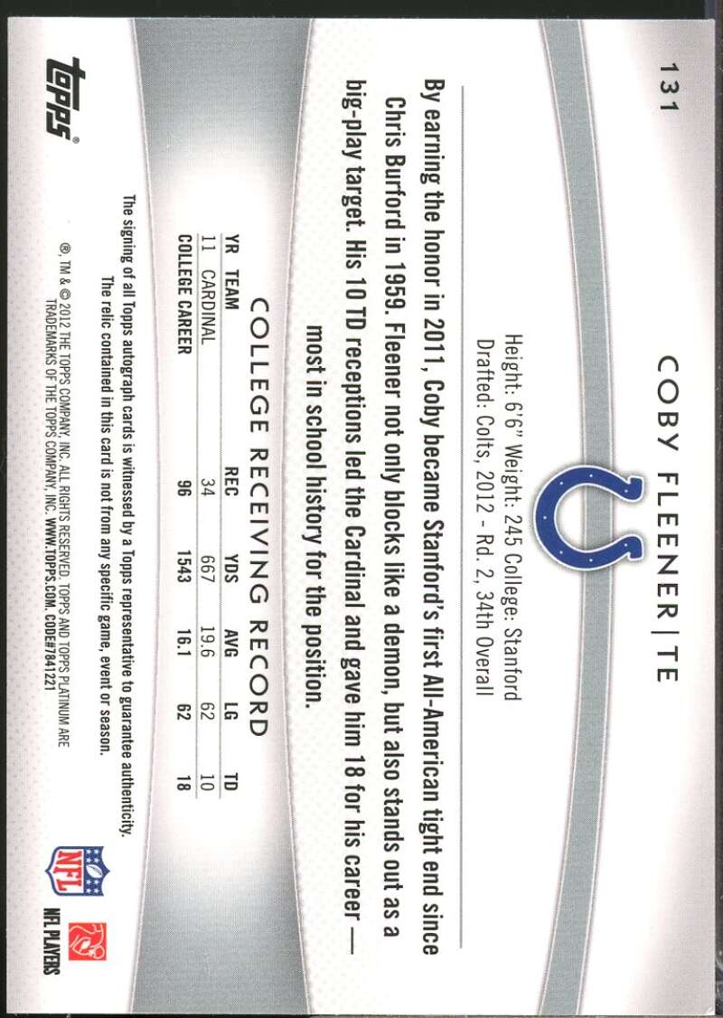 Coby Fleener /1058 2012 Topps Platinum Rookie Patch Autographs Refractors #131  Image 2