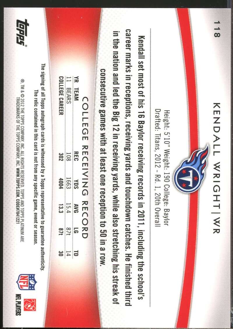 Kendall Wright 2012 Topps Platinum Rookie Patch Autograph Black Refractors #118  Image 2