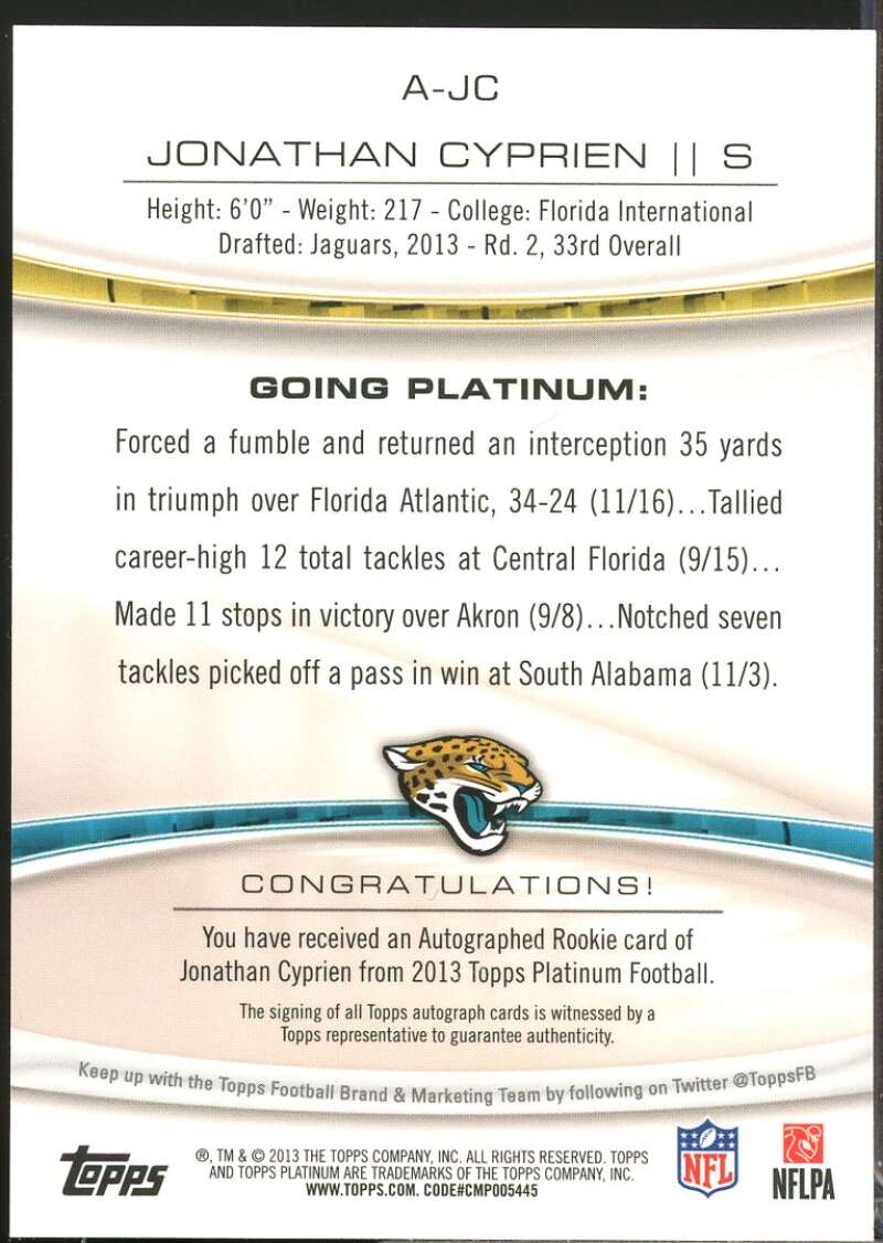 Johnathan Cyprien 2013 Topps Platinum Rookie Autographs Purple Refractors #AJC  Image 2