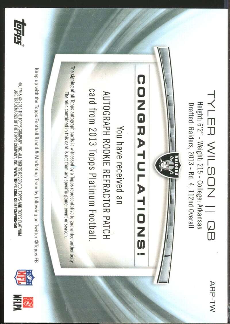 Tyler Wilson /250 2013 Topps Platinum Rookie Patch Autographs Refractors #ARPTW  Image 2