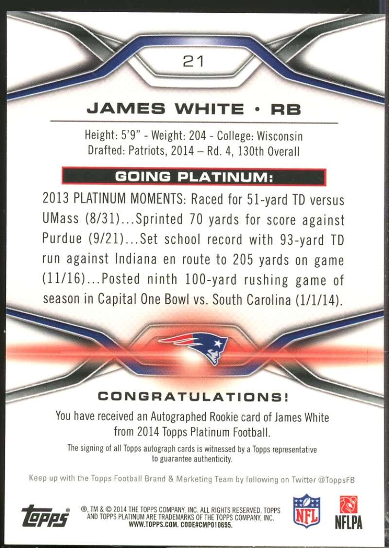 James White Card 2014 Topps Platinum Rookie Autographs Refractors #21  Image 2