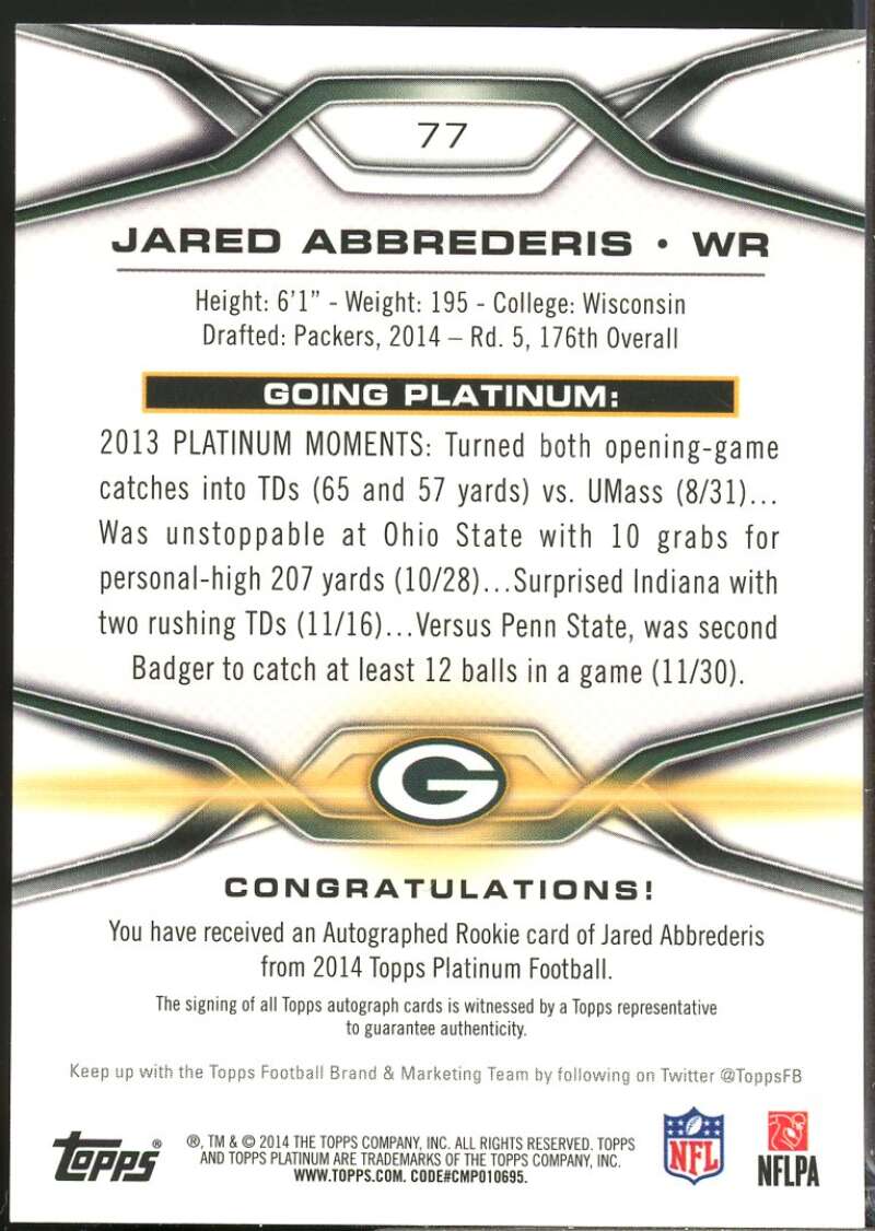 Jared Abbrederis Card 2014 Topps Platinum Rookie Autographs Blue Refractors #77  Image 2