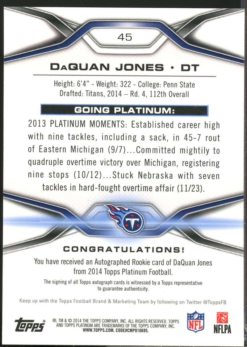 DaQuan Jones Card 2014 Topps Platinum Rookie Autographs Black Refractors #45  Image 2