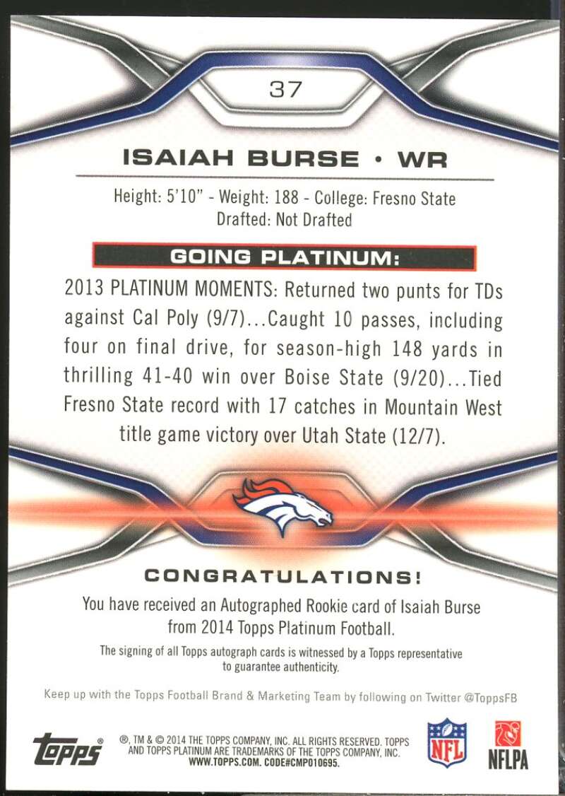 Isaiah Burse Card 2014 Topps Platinum Rookie Autographs Gold Refractors #37  Image 2