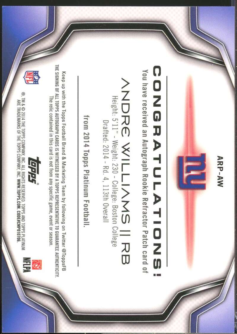 Andre Williams 2014 Topps Platinum Rookie Patch Auto Green Refractor #ARPAW  Image 2