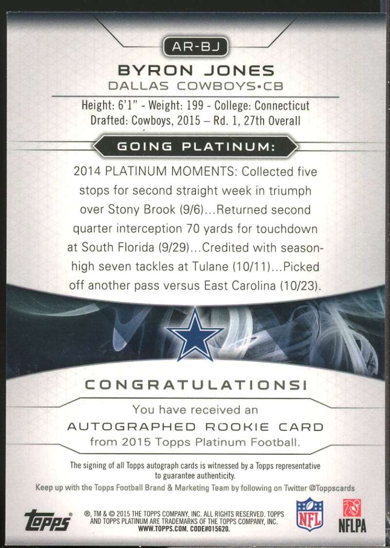 Byron Jones Card 2015 Topps Platinum Rookie Autographs Refractors #ARBJ  Image 2