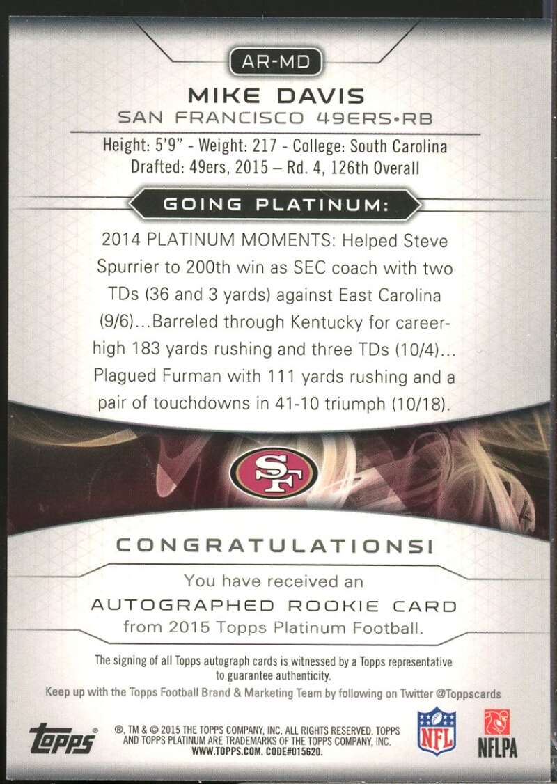Mike Davis Card 2015 Topps Platinum Rookie Autographs Gold Refractors #ARMD  Image 2