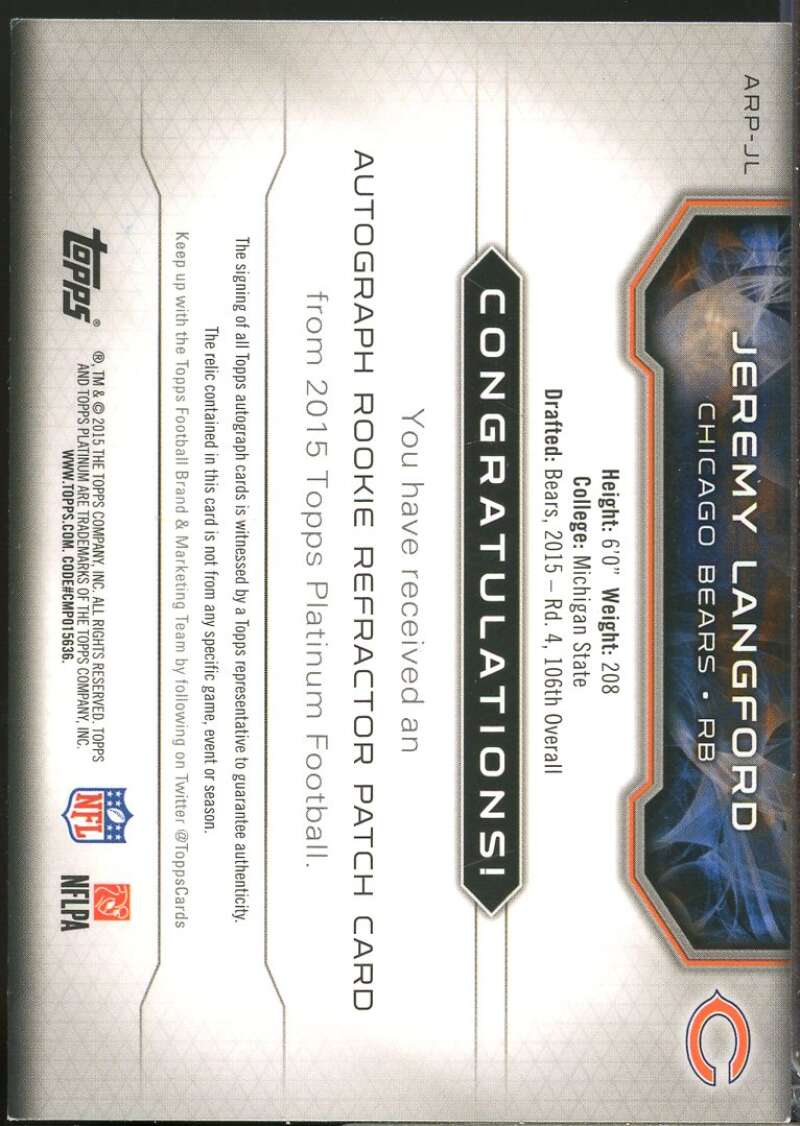 Jeremy Langford Card 2015 Topps Platinum Rookie Patch Autographs #ARPJL  Image 2