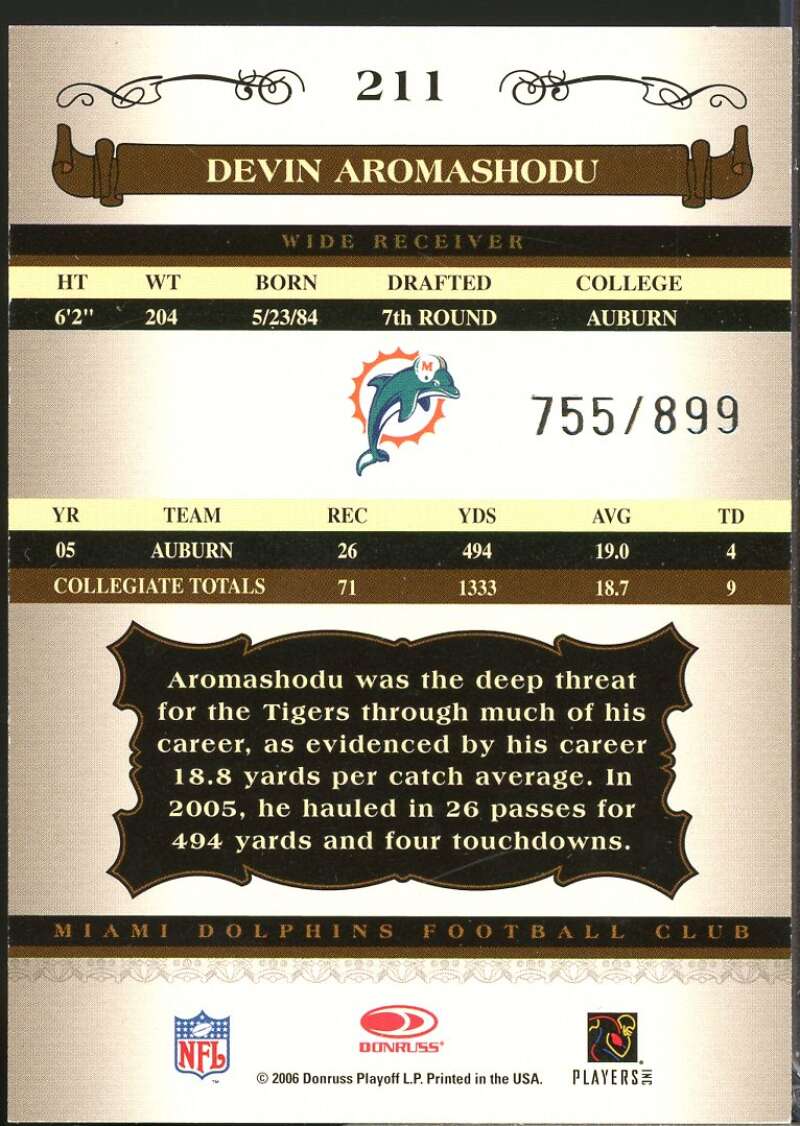 Devin Aromashodu /899 RC Card 2006 Donruss Classics Rookie Autograph #211  Image 2