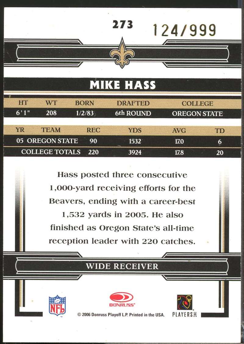 Mike Hass RC Card 2006 Donruss Threads Rookie Autograph #273  Image 2