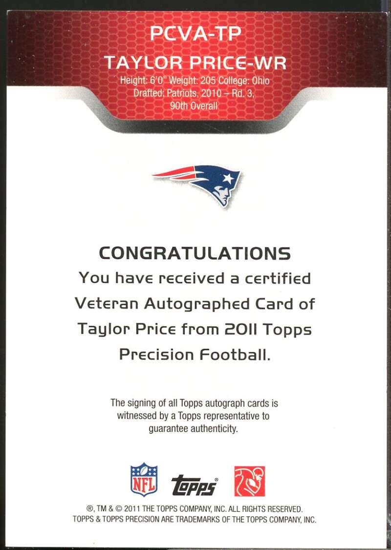 Taylor Price Card 2011 Topps Precision Autographs #PCVATP  Image 2