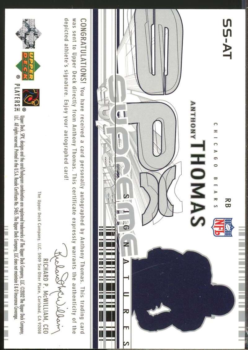 Anthony Thomas Card 2002 SPx Supreme Signatures Autograph #SSAT  Image 2