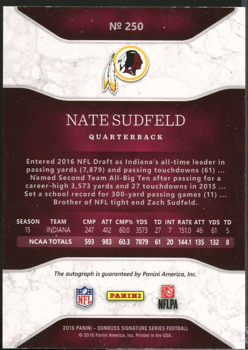 Nate Sudfeld Card 2016 Donruss Signature Series Rookie Autograph #250  Image 2