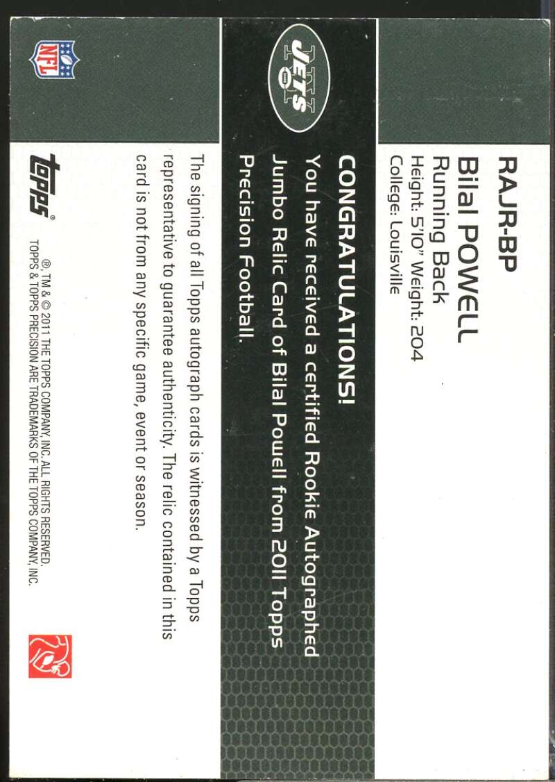 Bilal Powell Card 2011 Topps Precision Rookie Jumbo Relic Autographs #RAJRBP  Image 2