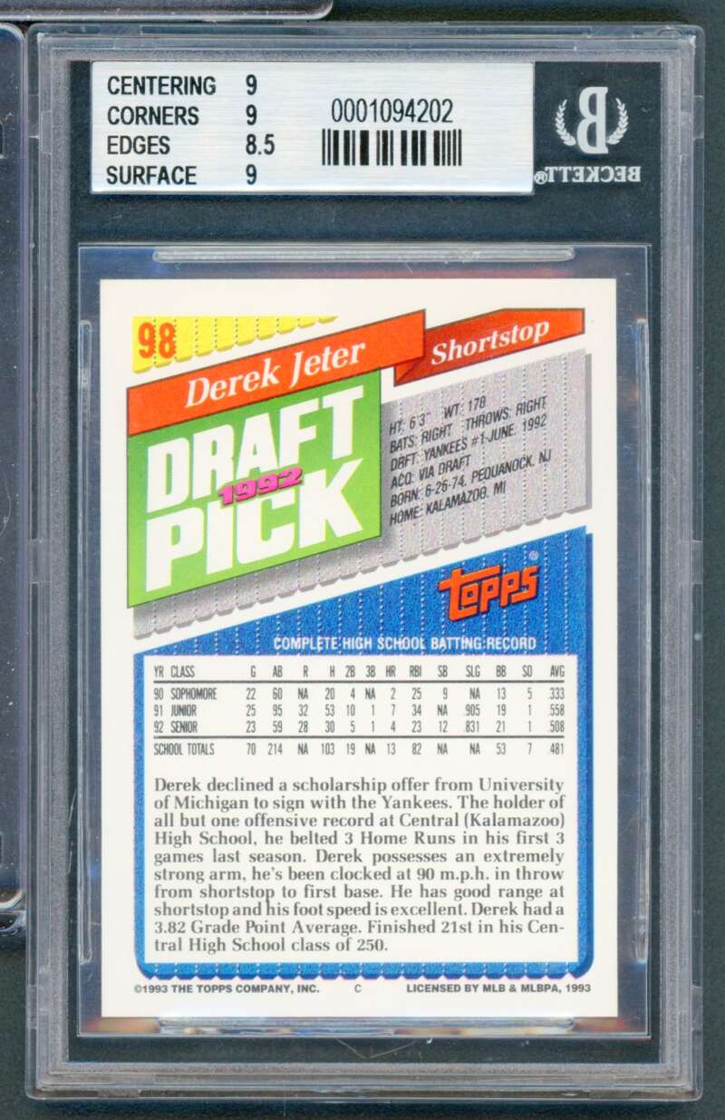 Derek Jeter Rookie Card 1993 Topps #98 BGS 9 Image 2