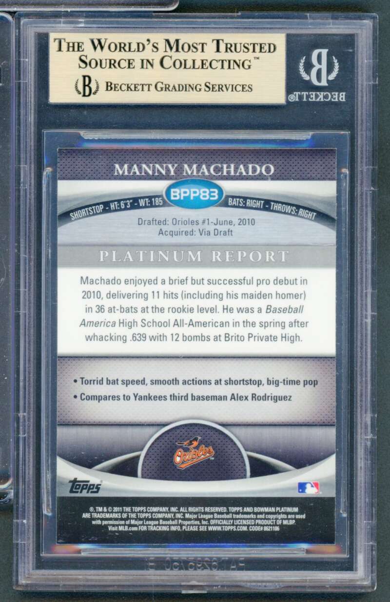 Manny Machado Rookie 2011 Bowman Platinum Prospects Refractors #Bpp83 BGS 9.5 Image 2