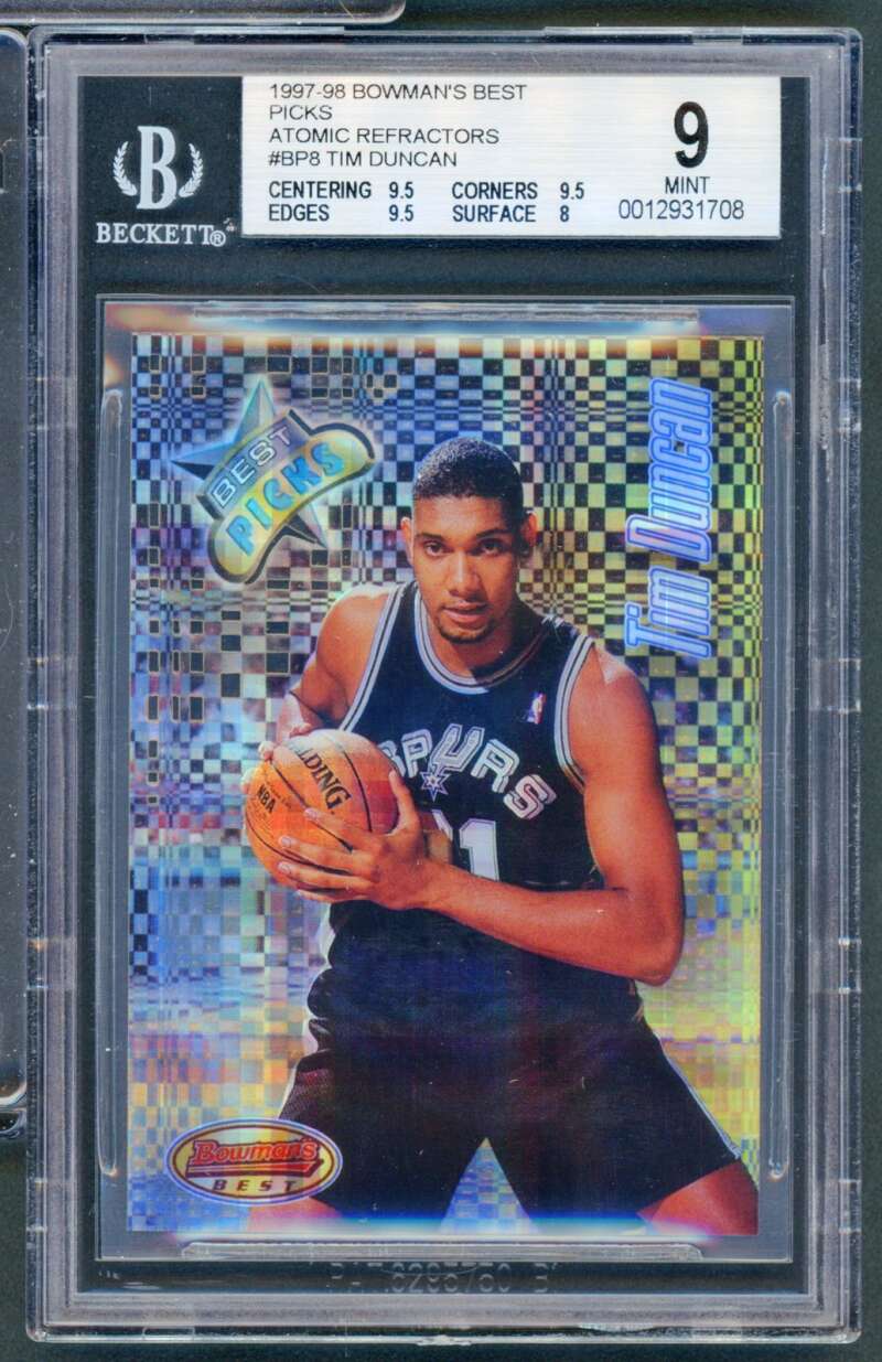Tim Duncan Rookie 1997-98 Bowman's Best Picks Atomic Refractors #BPB9 BGS 9 Image 1