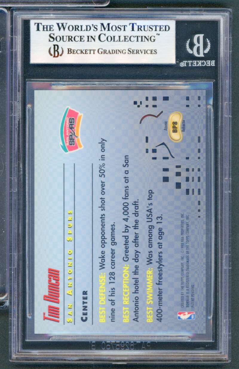 Tim Duncan Rookie 1997-98 Bowman's Best Picks Atomic Refractors #BPB9 BGS 9 Image 2