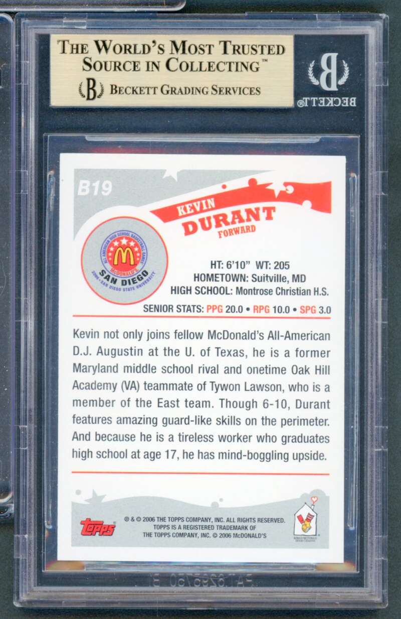 Kevin Durant Rookie Card 2006-07 Topps McDonald's All-American #B19 BGS 9.5 Image 2