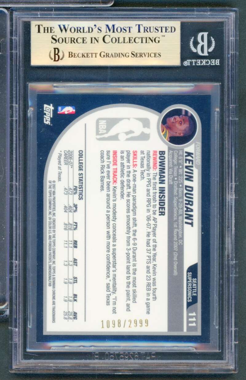 Kevin Durant Rookie Card 2007-08 Bowman Chrome #111 BGS 9.5 Image 2