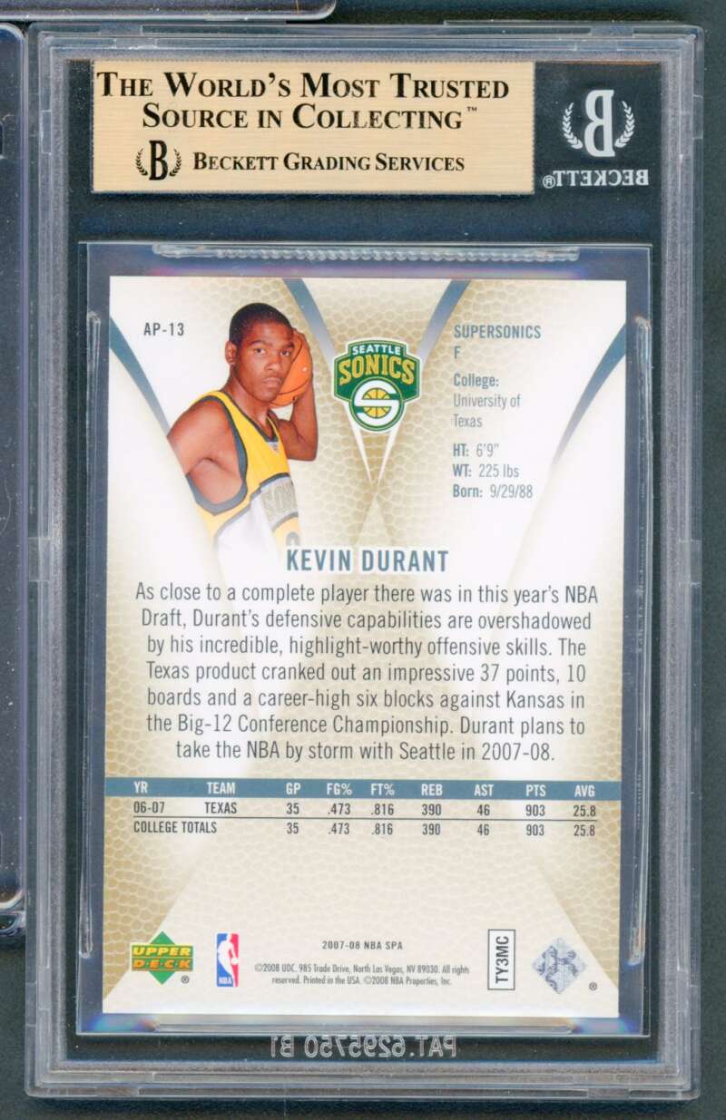 Kevin Durant Rookie Card 2007-08 SP Authentic Profiles #AP-13 BGS 9.5 Image 2
