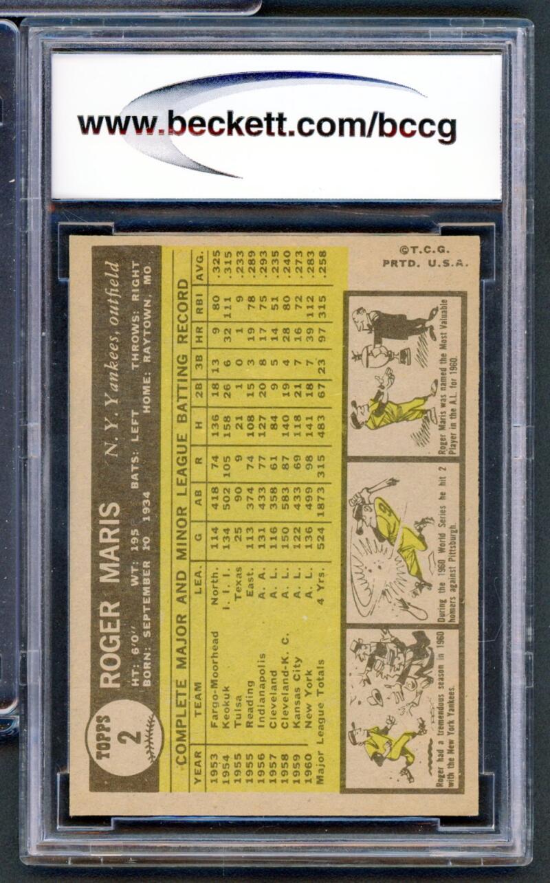 1961 Topps #2 Roger Maris Card BGS BCCG 8 Excellent+ Image 2