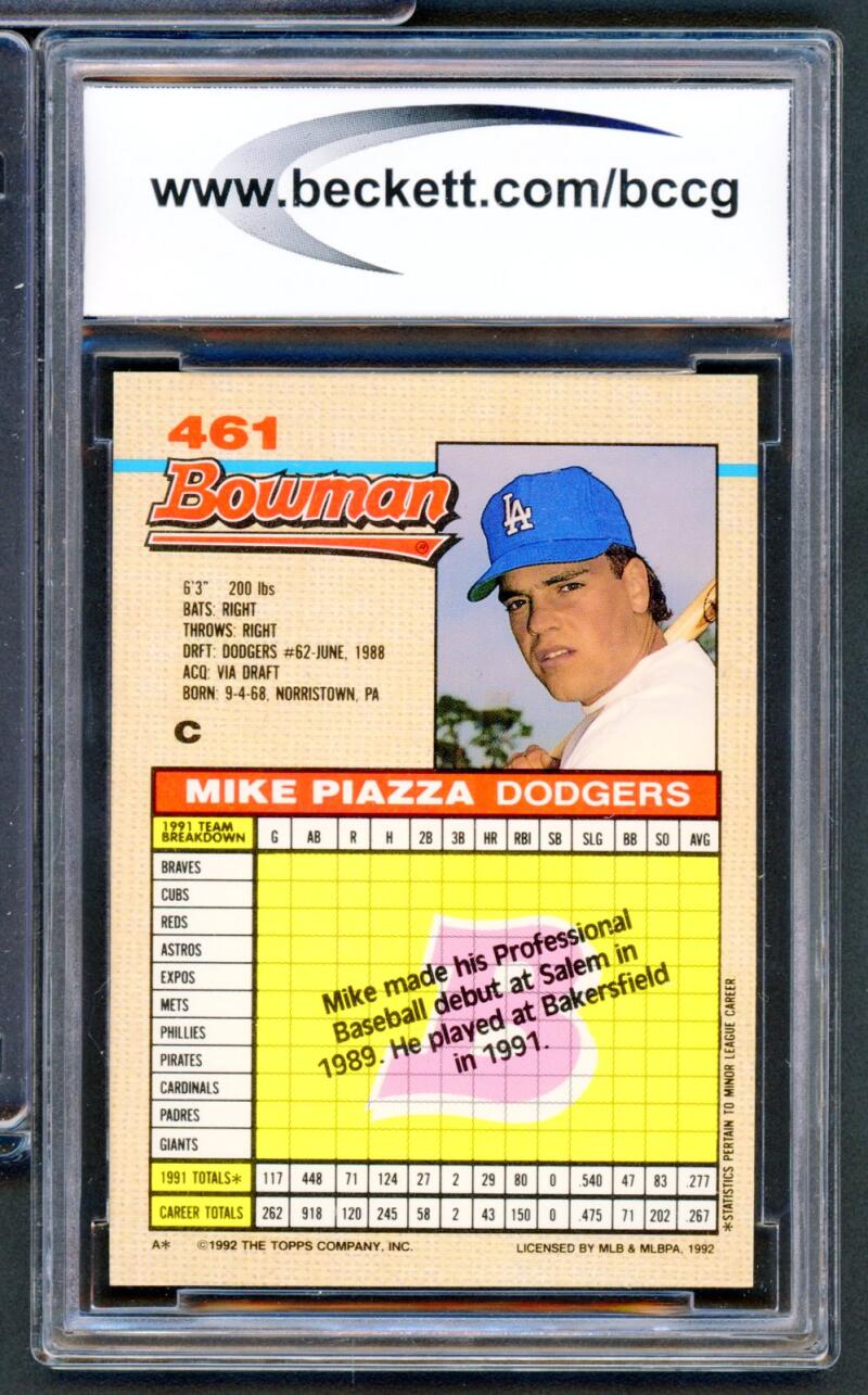 1992 Bowman #461 Mike Piazza Rookie Card BGS BCCG 10 Mint+ Image 2