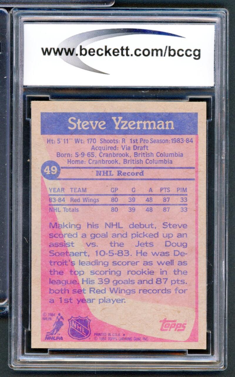 1984-85 Topps #49 Steve Yzerman Rookie Card BGS BCCG 9 Near Mint+ Image 2
