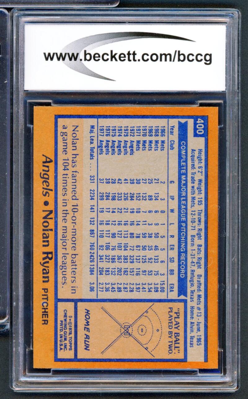 1978 Topps #400 Nolan Ryan Card BGS BCCG 8 Excellent+ Image 2