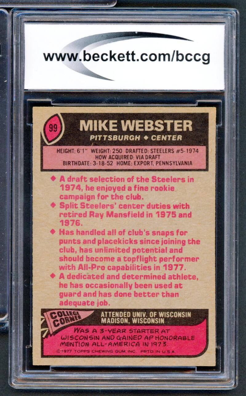 1977 Topps #99 Mike Webster Rookie Card BGS BCCG 8 Excellent+ Image 2