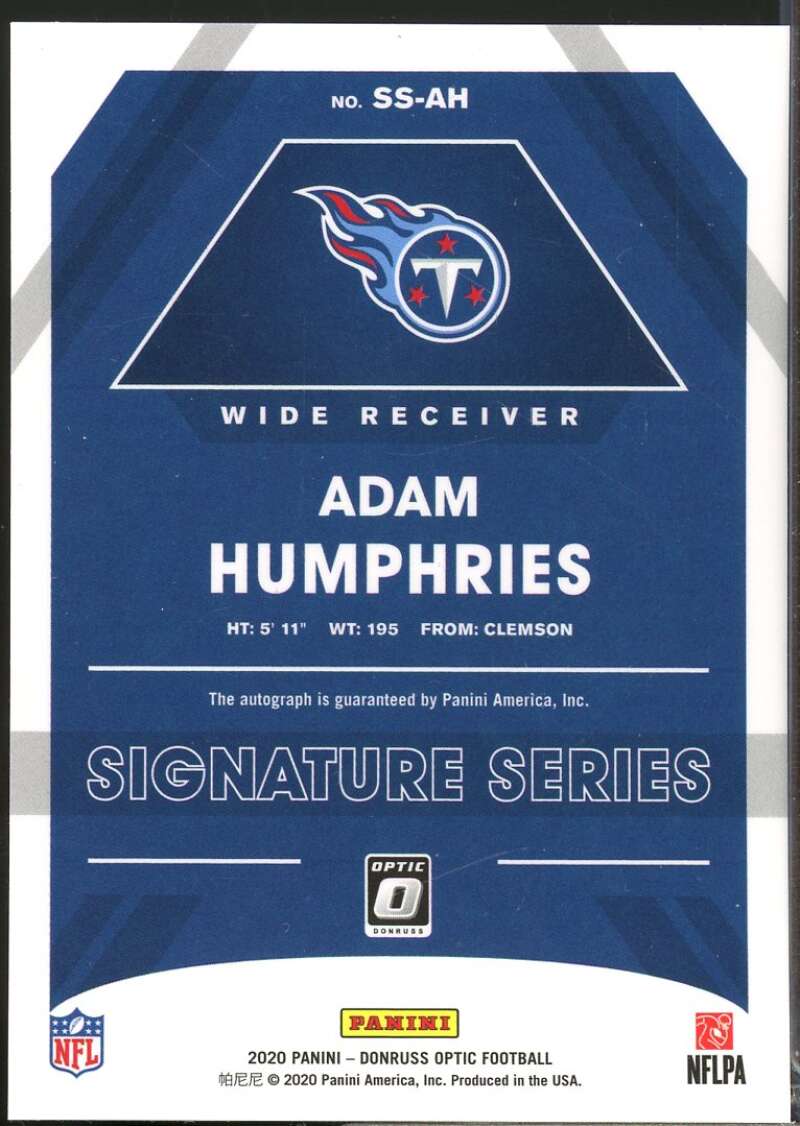 Adam Humphries Card 2020 Donruss Optic Signature Series Autograph #37  Image 2