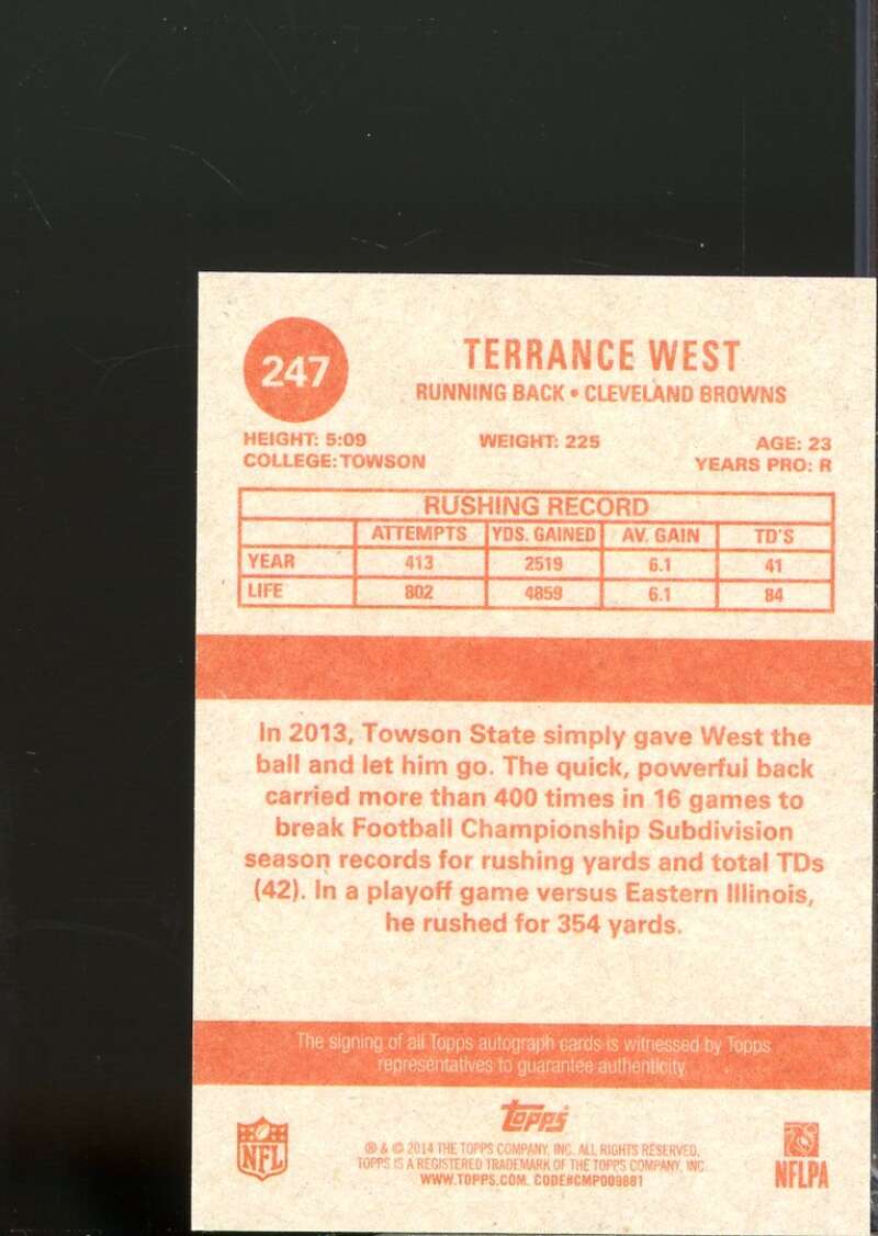 Terrance West Card 2014 Topps '63 Mini Rookie Autographs #247  Image 2